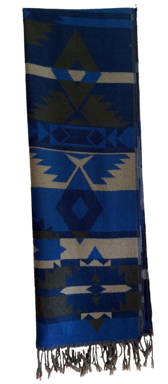 L.L.Bean Southwestern Geometric Wool Blend Blanket Scarf Blue Gray Green Beige